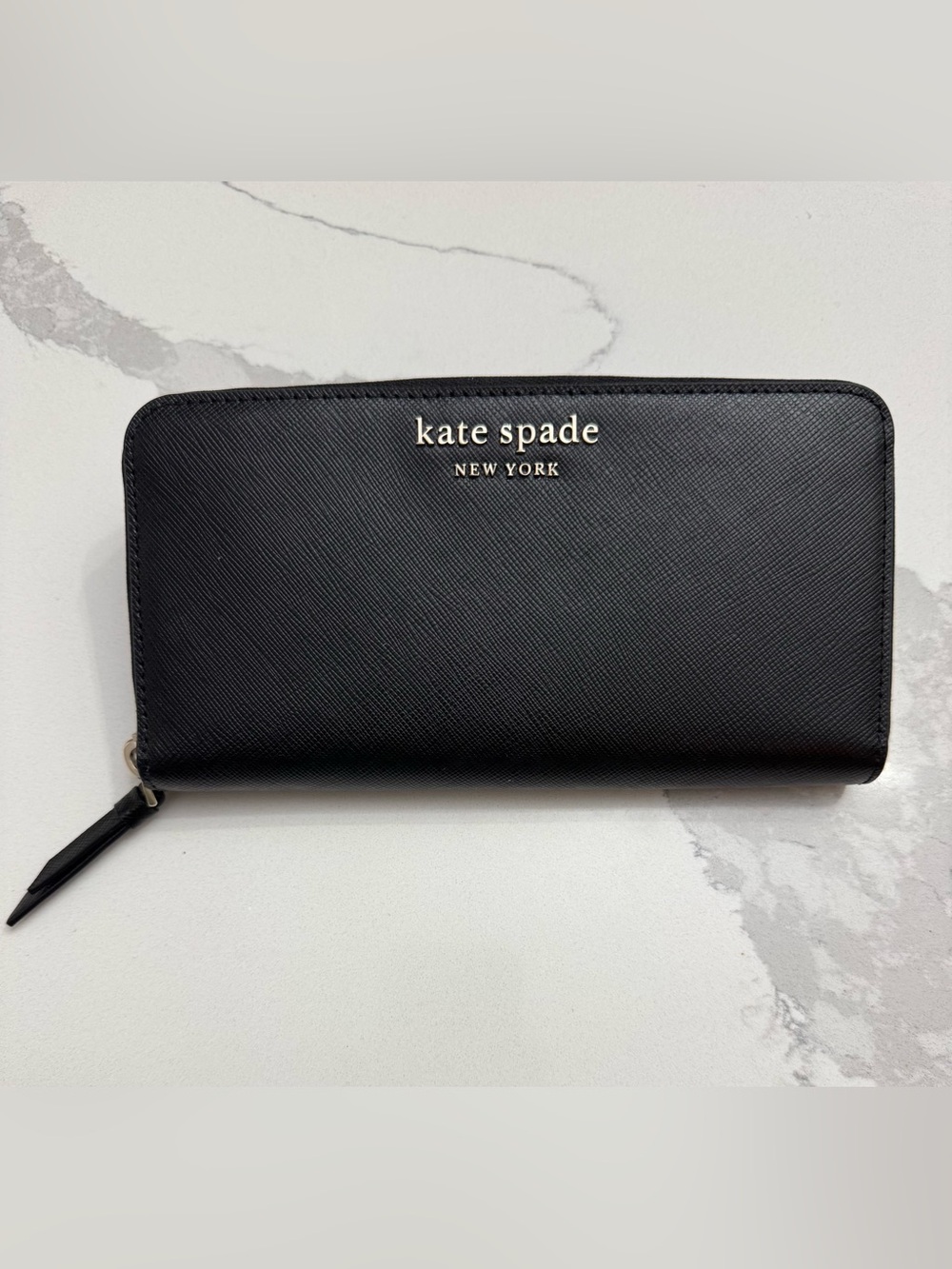Kate Spade Black Zip-Around Saffiano Leather Wallet with Gold Logo